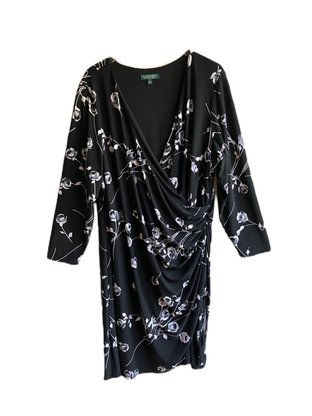 Lauren Ralph Lauren Black Floral Jersey Faux Wrap Draped Midi Dress Size 22W